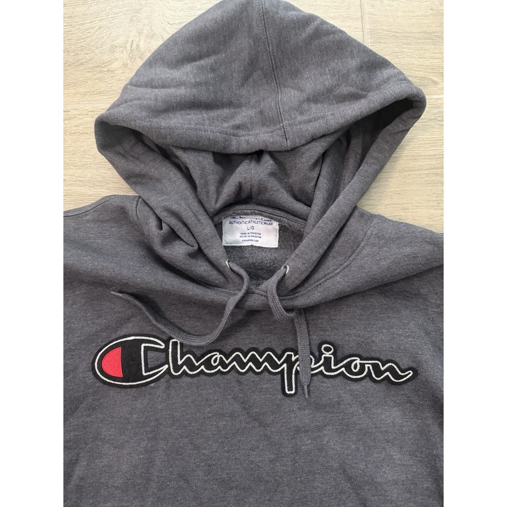 Champion Hoodie Mens Large Gray Script Logo Pullover Sweatshirt Embroidered - Picture 7 of 16